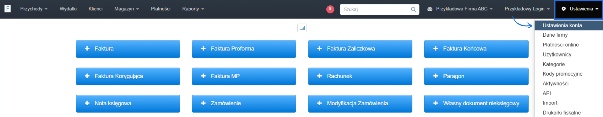 Strona główna konta w systemie Fakturownia z menu i rozwiniętą opcją ustawień konta oraz dedykowanymi przyciskami do wystawienia dokumentów.