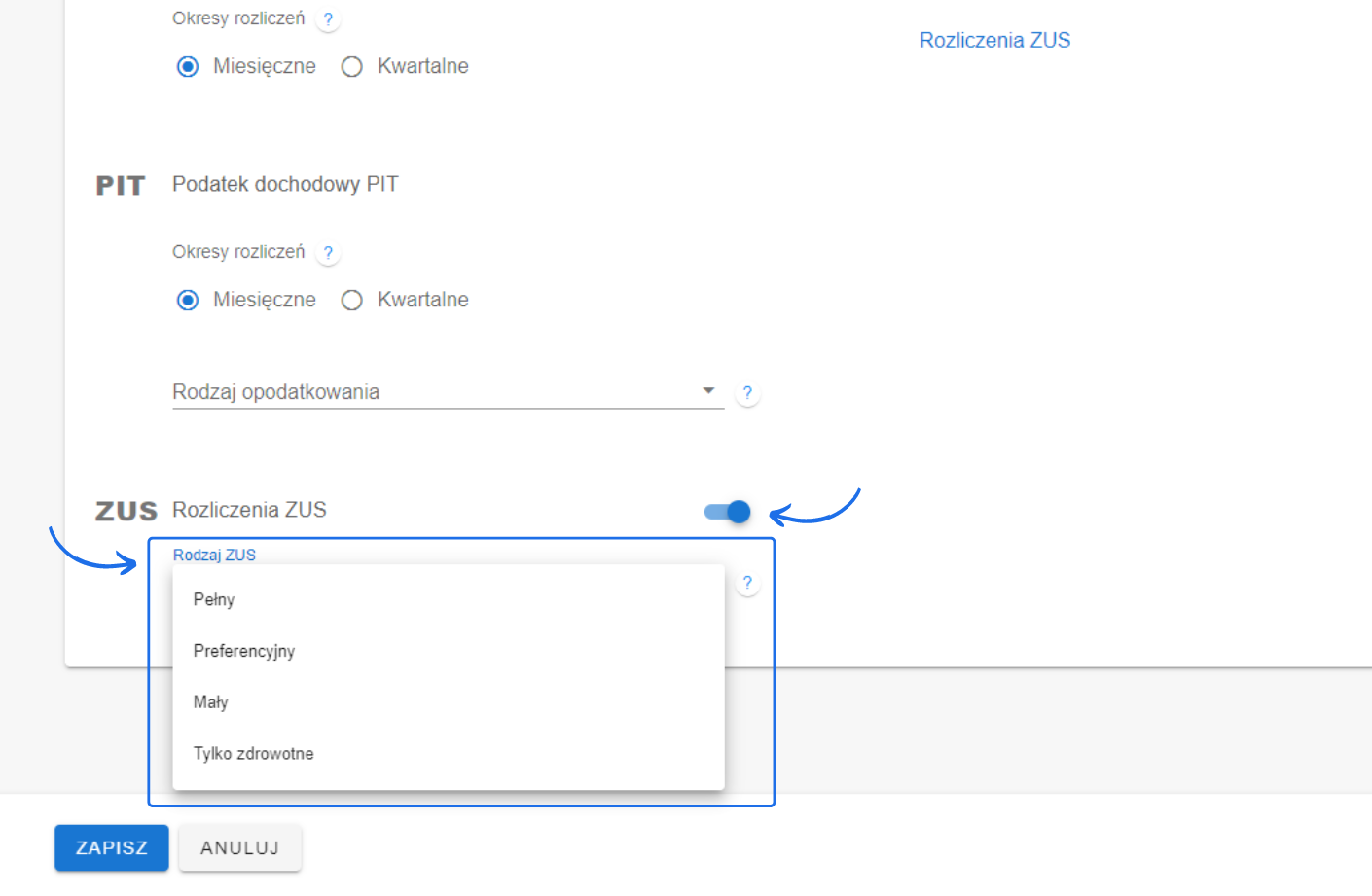 Konfiguracja rozliczeń ZUS z listą wyboru wariantu ubezpieczenia, któremu użytkownik podlega jako przedsiębiorca.