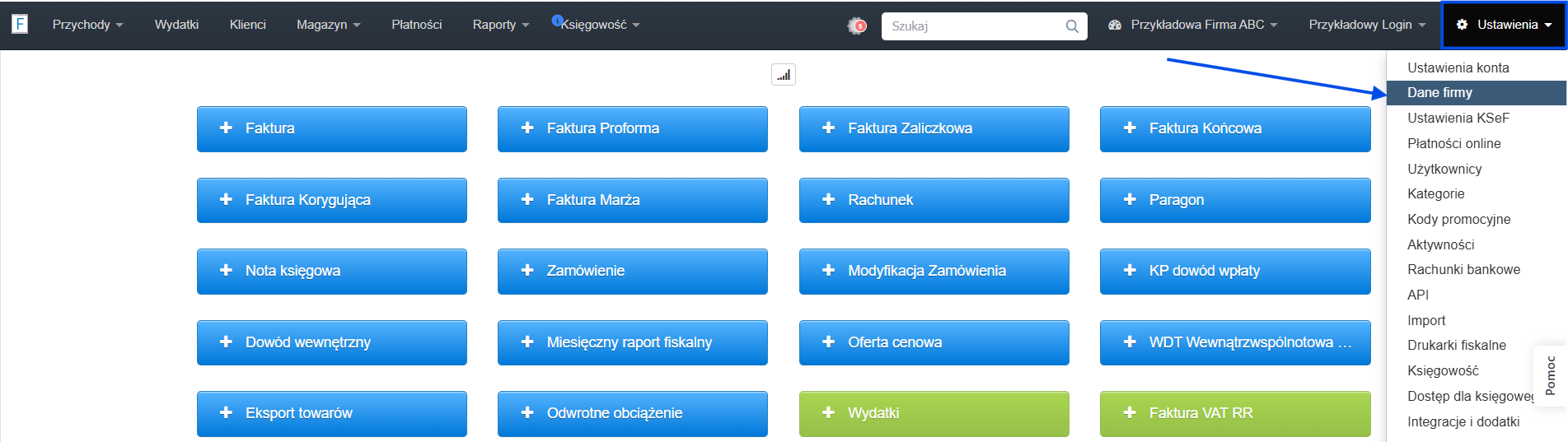 Panel główny z przyciskami do wystawiania wybranych dokumentów i aktywną zakładką ustawienia.