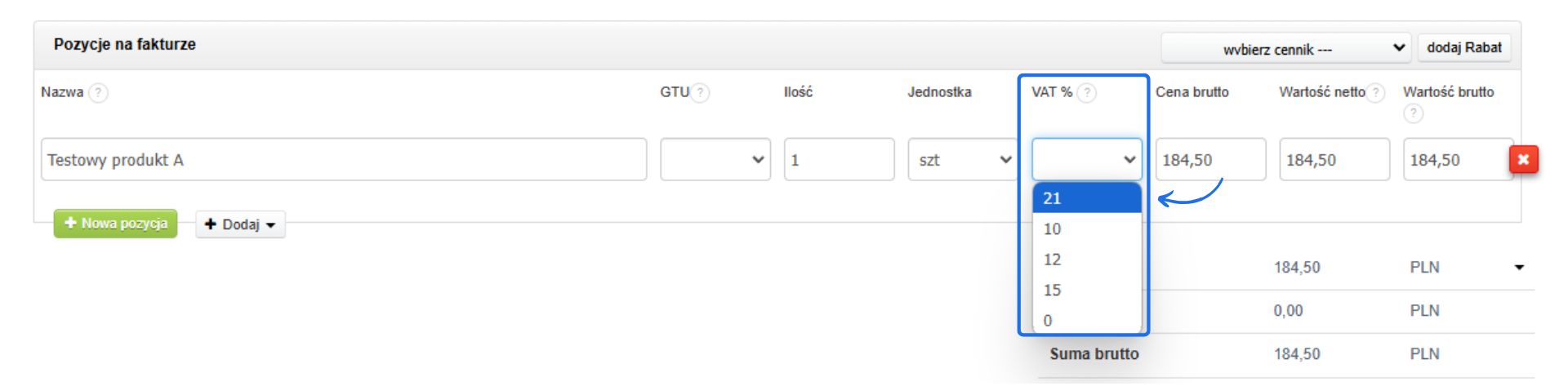 Formularz wprowadzania danych nabywcy z opcją wystawienia faktury OSS, wskazujący na wybór kraju i stawki podatku VAT.