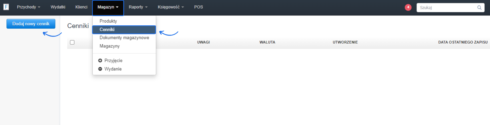 Ekran systemu magazynowego z otwartym menu „Magazyn” i zaznaczoną opcją „Cenniki” oraz przyciskiem „Dodaj nowy cennik”.
