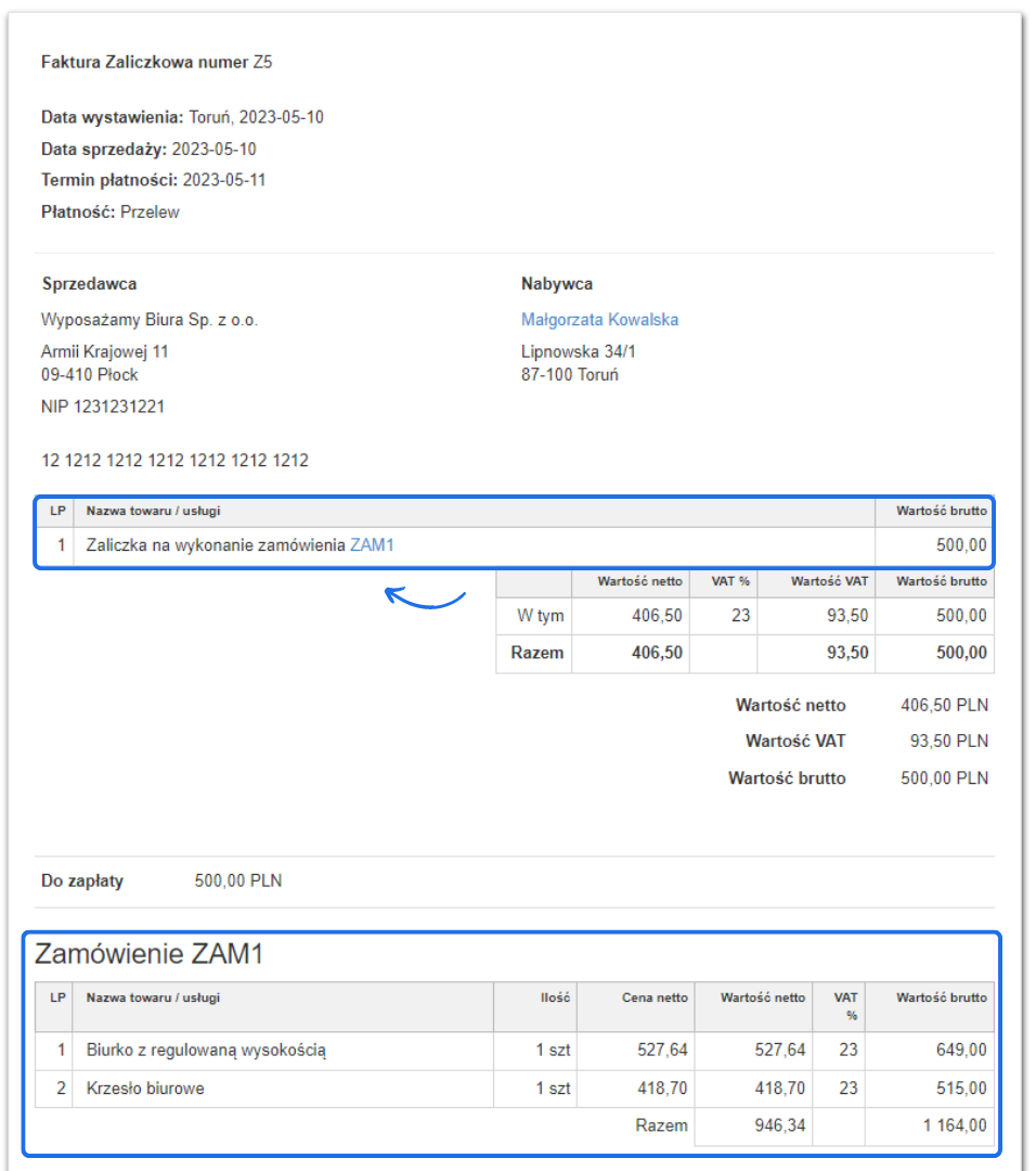 Faktura zaliczkowa numer Z5 powiązana z zamówieniem ZAM1, przedstawiająca szczegóły płatności zaliczki w wysokości 500,00 PLN oraz szczegóły zamówienia.