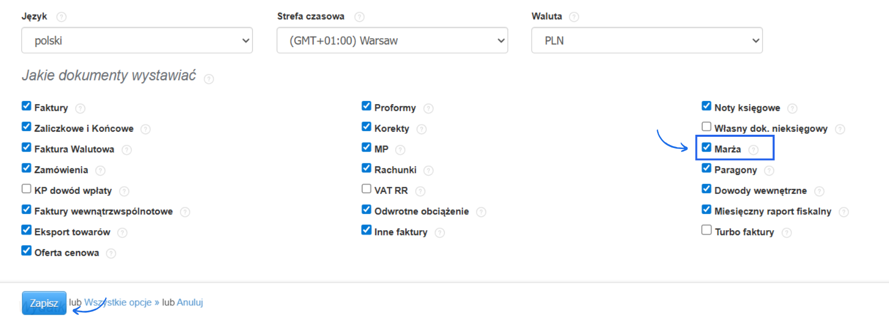 Sekcja jakie dokumenty wystawiać w systemie Fakturownia z aktywną opcją marża.