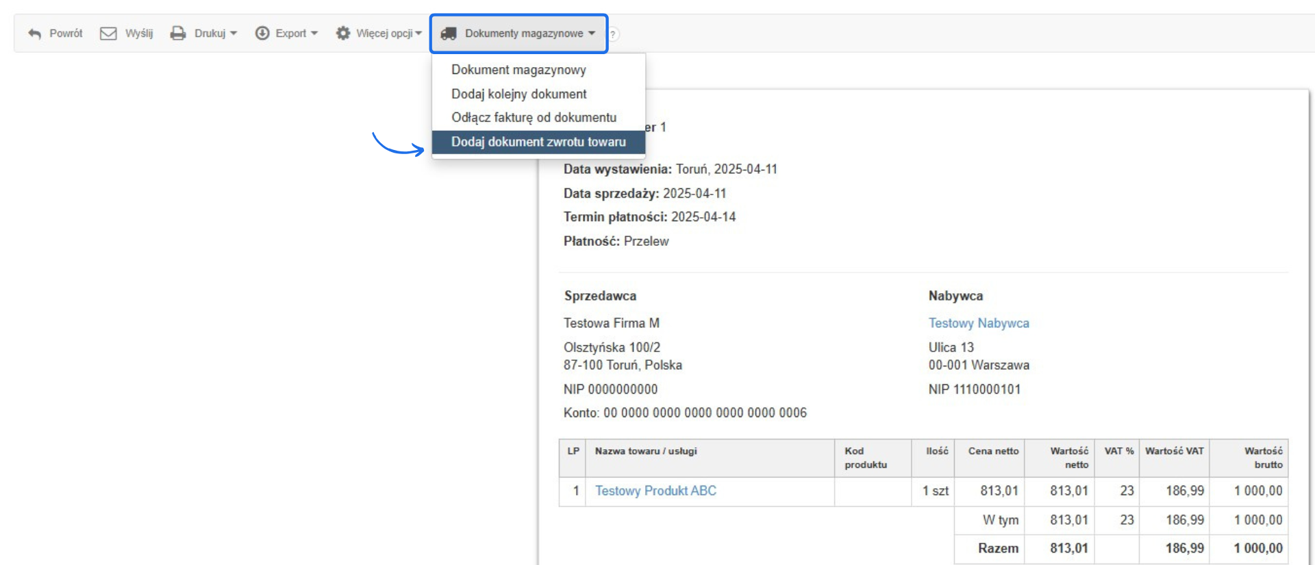 Widok szczegółów paragonu z opcją dodania dokumentu zwrotu towaru z menu "Dokumenty magazynowe".