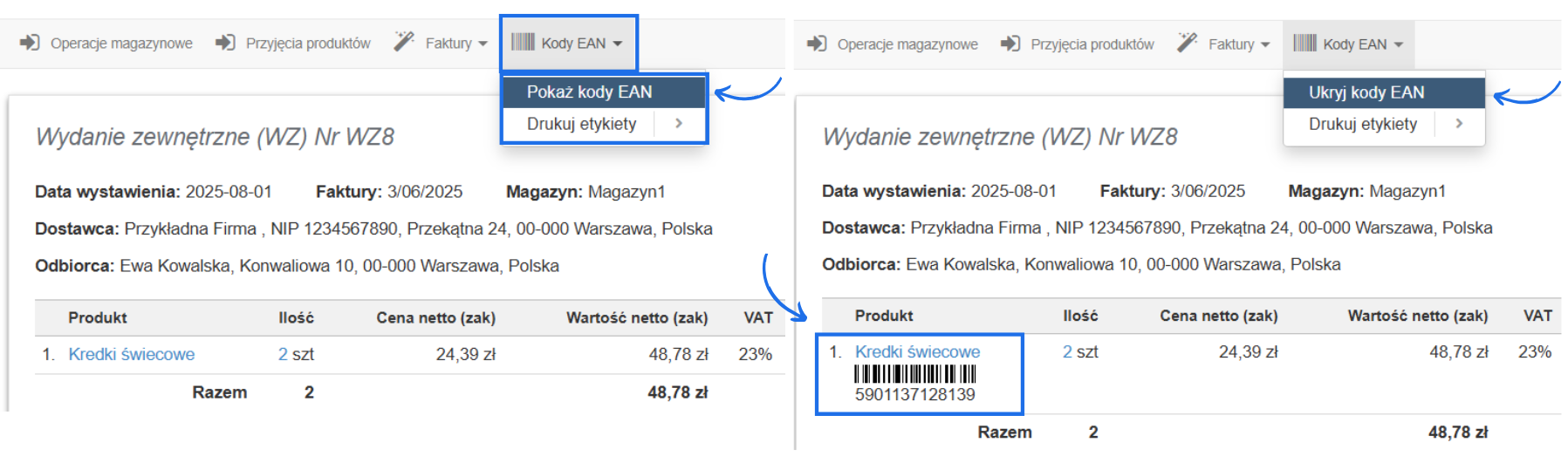 Widok dokumentu magazynowego WZ z dostępną opcją wyświetlania i ukrycia kodu EAN dla produktu.