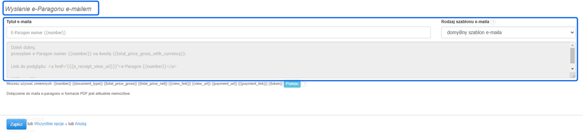 Konfiguracja wysyłki e-paragonów e-mailem w systemie Fakturownia z edycją domyślnego szablonu wiadomości e-mail.