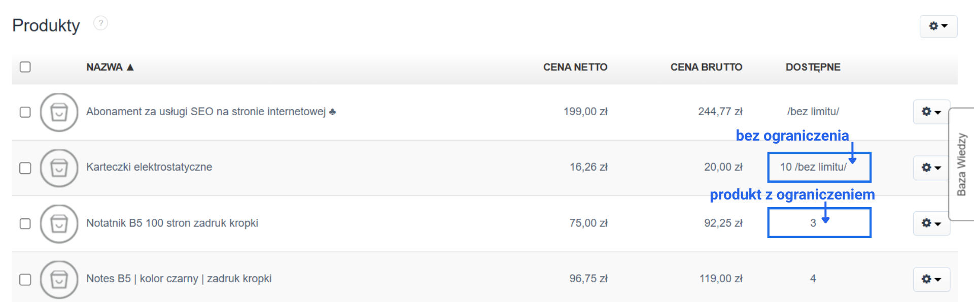 Porównanie produktów w bazie ze wskazaniem różnicy w dostępnej ilości dla produktu z aktywnym i nieaktywnym ograniczeniem ilościowym.