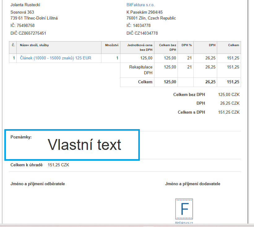 Vlastni text na fakture
