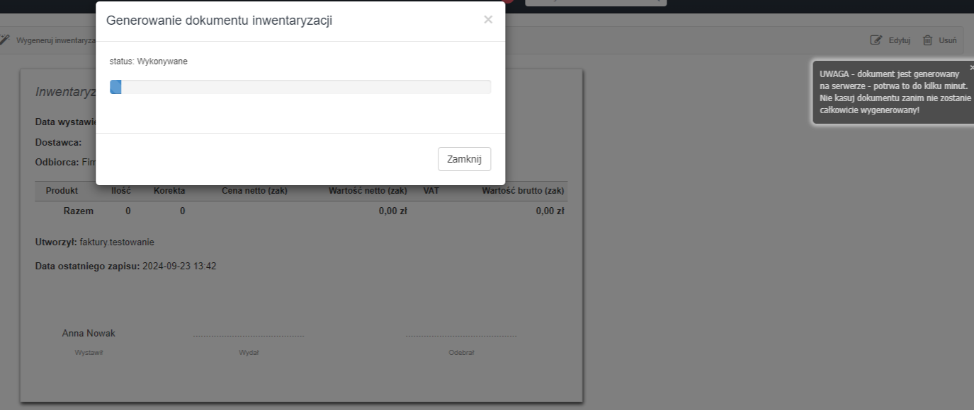 Okno generowania dokumentu inwentaryzacji z postępem procesu i ostrzeżeniem o trwającym przetwarzaniu na serwerze.