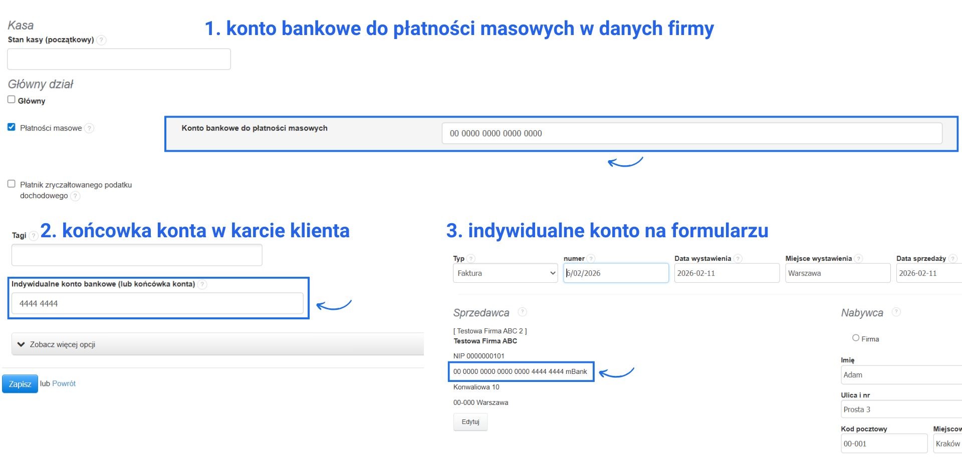 Ustawienia dotyczące indywidualnych kont bankowych w ramach opcji płatności masowe.