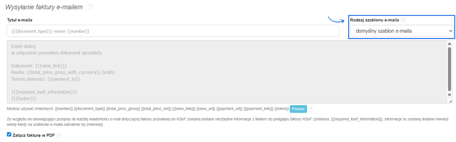 Szablon wiadomości wysyłanej z systemu z fakturą z domyślną treścią, którą można zmienić poprzez własny szablon.