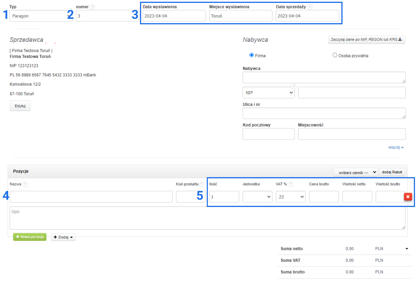 Formularz wystawiania paragonu w systemie księgowym, z danymi sprzedawcy, nabywcy, pozycjami produktów oraz opcjami VAT i cen brutto.