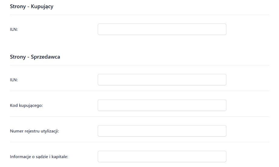 Sekcja ‘Strony - Kupujący’ i ‘Strony - Sprzedawca’ w formularzu eksportu EDI w Fakturowni. Pola do uzupełnienia: ILN, kod kupującego, numer rejestru utylizacji, informacje o sądzie i kapitale