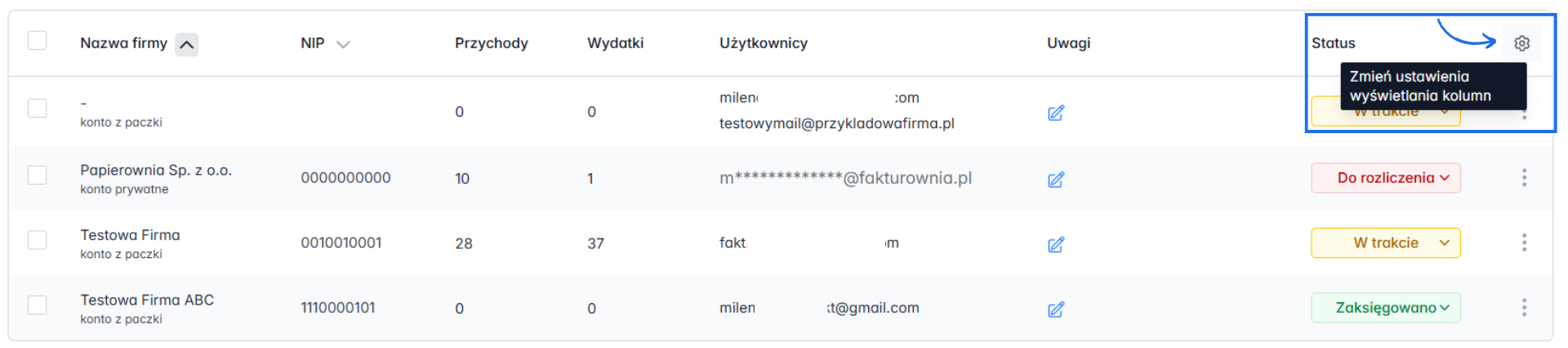 Lista obsługiwanych firm w panelu dla biur księgowych z opcją konfiguracji kolumn na liście za pomocą ikony koła zębatego.