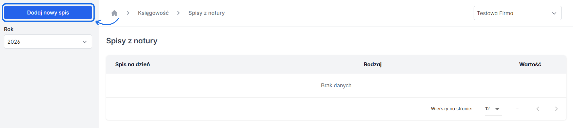 Moduł samodzielnej księgowości z sekcją spisów z natury i opcją dodania nowego spisu.