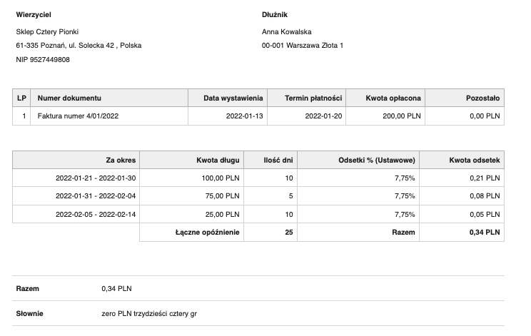 Nota odsetkowa zawierająca dane wierzyciela i dłużnika, szczegóły faktury, okres opóźnienia, kwotę długu, ilość dni opóźnienia, odsetki ustawowe i kwotę odsetek.