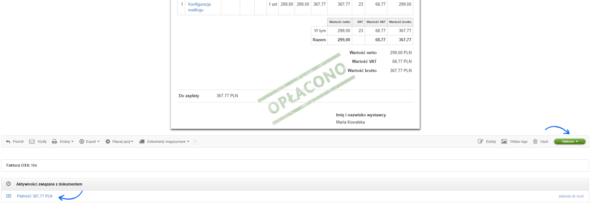 Faktura oznaczona jako opłacona w systemie księgowym z potwierdzoną płatnością 367,77 PLN i pieczęcią 'OPŁACONO' na dokumencie.