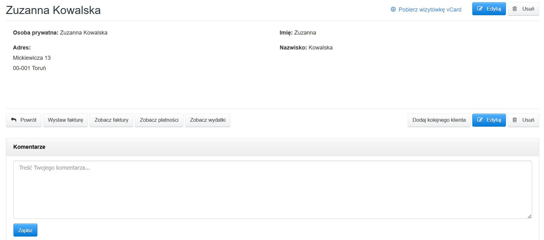 Karta klienta nowego kontrahenta utworzona w bazie na podstawie faktury sprzedażowej.