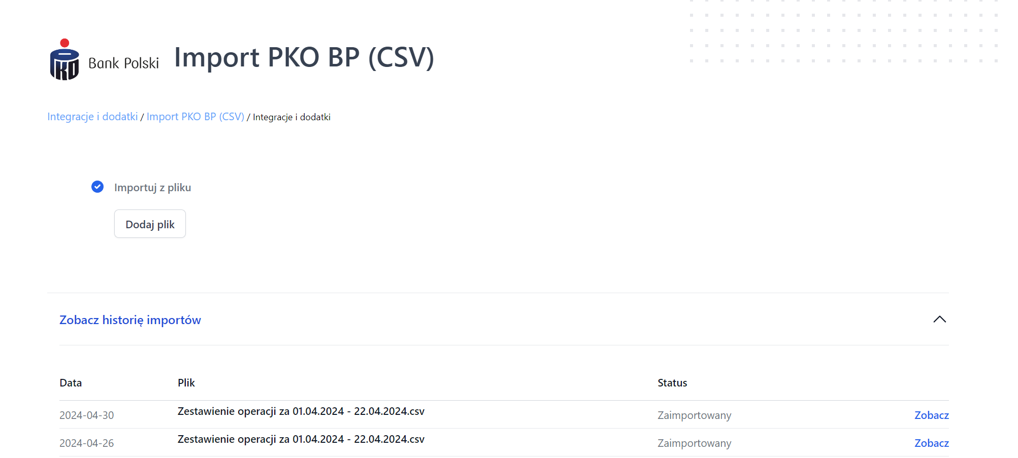 Import operacji bankowych PKO BP w formacie CSV, widok historii importów i statusów.