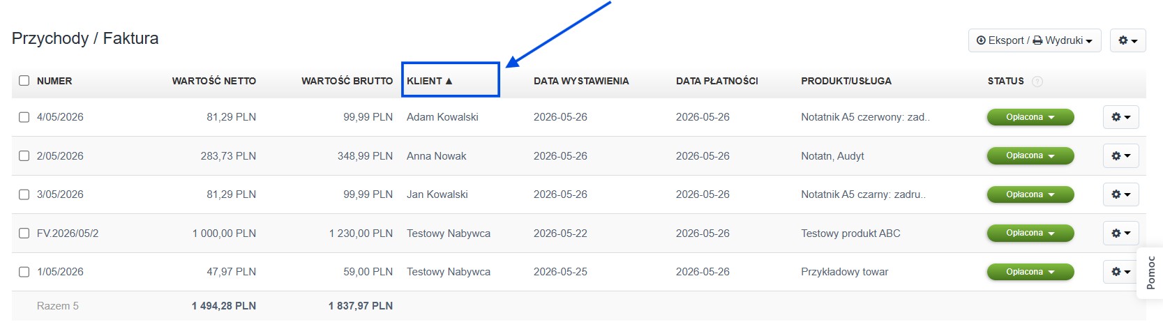Lista faktur z aktywnym sortowaniem rosnąco po danych klienta.