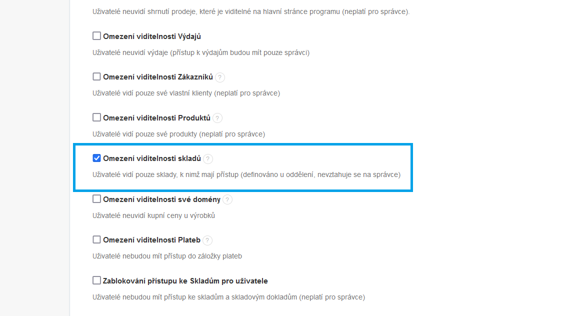 Omezit viditelnost skladu
