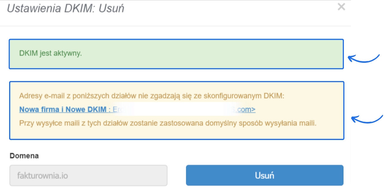 Ekran ustawień DKIM w systemie Fakturownia z komunikatami 'DKIM jest aktywny' oraz ostrzeżeniem o niezgodnych adresach e-mail, z opcją usunięcia konfiguracji.