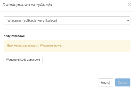 Formularz aktywacji/zmiany dwustopniowej weryfikacji w profilu użytkownika z opcją wygenerowania kodów zapasowych.