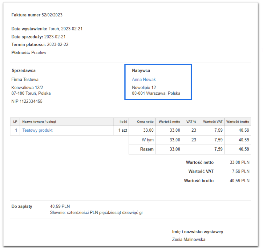 Faktura z danymi nabywcy Anna Nowak, Nowolipie 12, 00-001 Warszawa, zawierająca szczegóły zamówienia: Testowy produkt, cena netto 33,00 PLN, VAT 23%