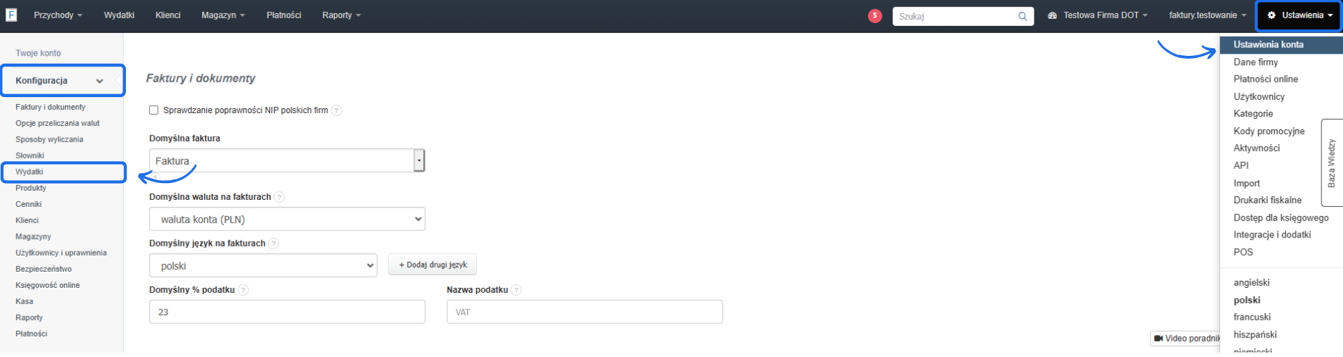 Panel ustawień konta w systemie do zarządzania finansami, z otwartą sekcją ‘Konfiguracja’ i zaznaczoną kategorią ‘Wydatki’. Menu ‘Ustawienia’ rozwinięte w prawym górnym rogu.