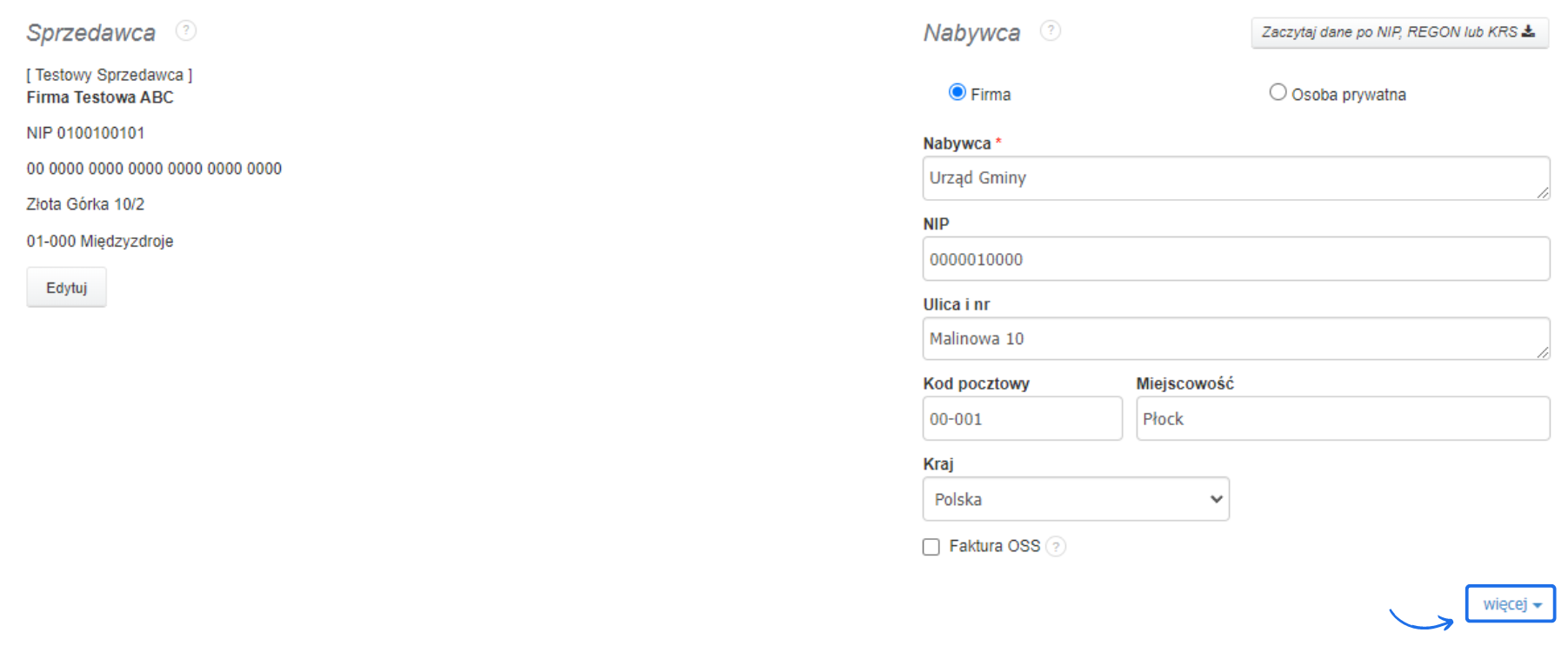 Formularz edycji nabywcy faktury: dane sprzedawcy i nabywcy, opcje dodatkowe, przycisk więcej opcji.