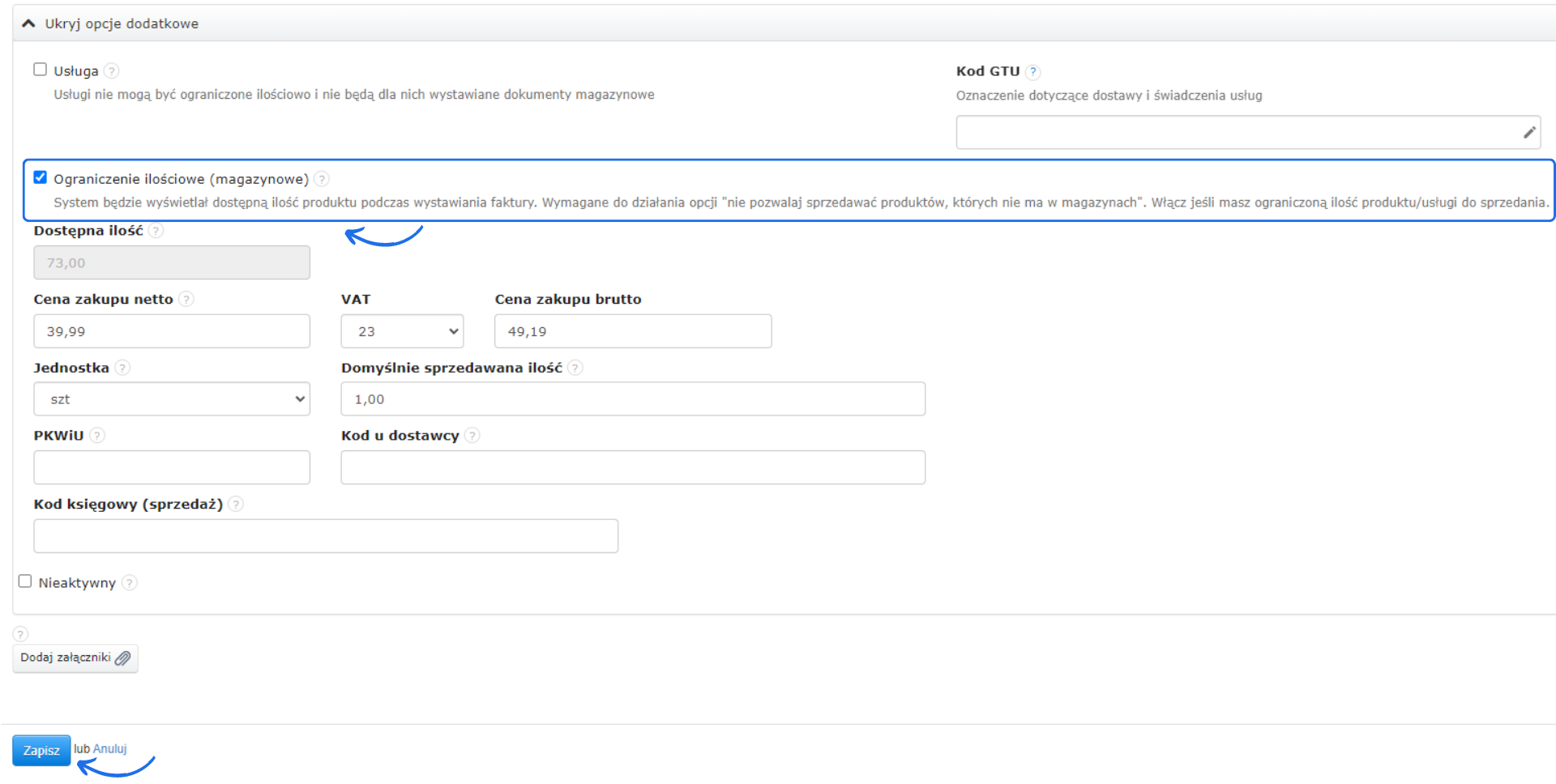 Ekran konfiguracji produktu w Fakturownia.pl z opcją ograniczenia ilościowego, wprowadzaniem dostępnej ilości, ceny zakupu oraz kodów księgowych.