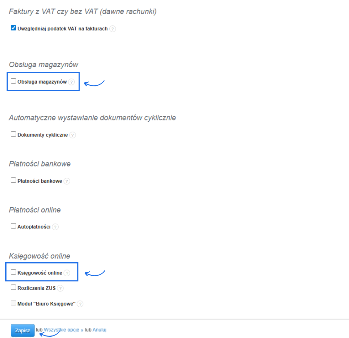 Lista ustawień do aktywacji w systemie do fakturowania online z wyłączoną obsługą magazynową i księgowością online.