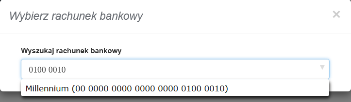 Panel wyboru rachunku bankowego z listy rachunków dodanych na koncie, jako rachunek przypisany do wybranego kontrahenta w systemie.