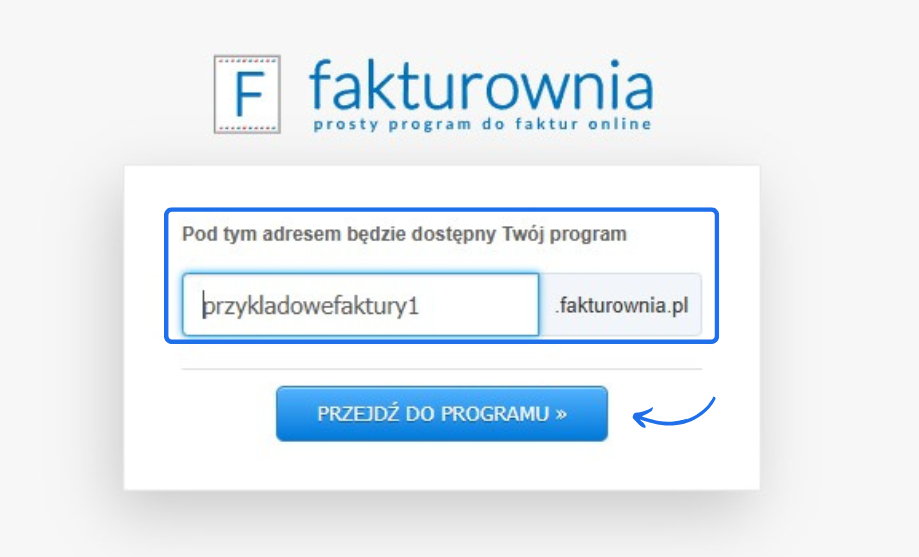 Ekran logowania do Fakturownia.pl z polem do wpisania nazwy subdomeny oraz przyciskiem 'Przejdź do programu'.