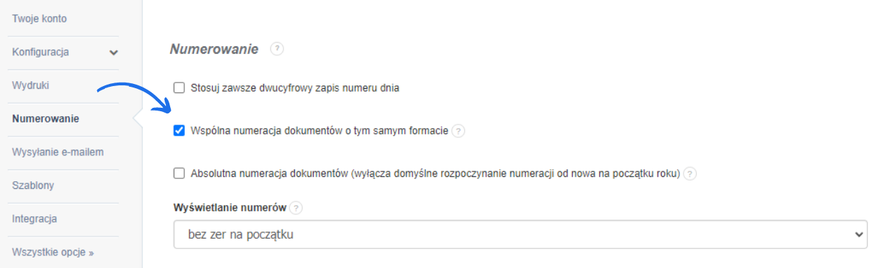 Ekran konfiguracji numerowania w aplikacji Fakturownia, z zaznaczoną opcją wspólnej numeracji dokumentów o tym samym formacie oraz polem wyboru wyświetlania numerów bez zer na początku.