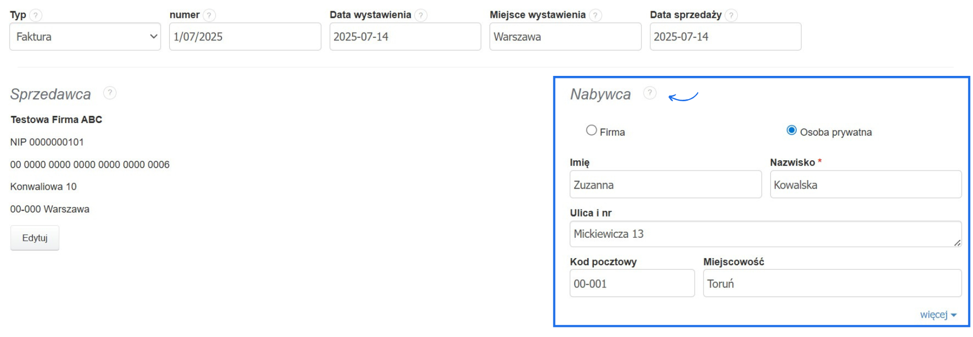 Formularz tworzenia faktury przychodowej z uzupełnionymi danymi Nabywcy, na podstawie których utworzy się klient.