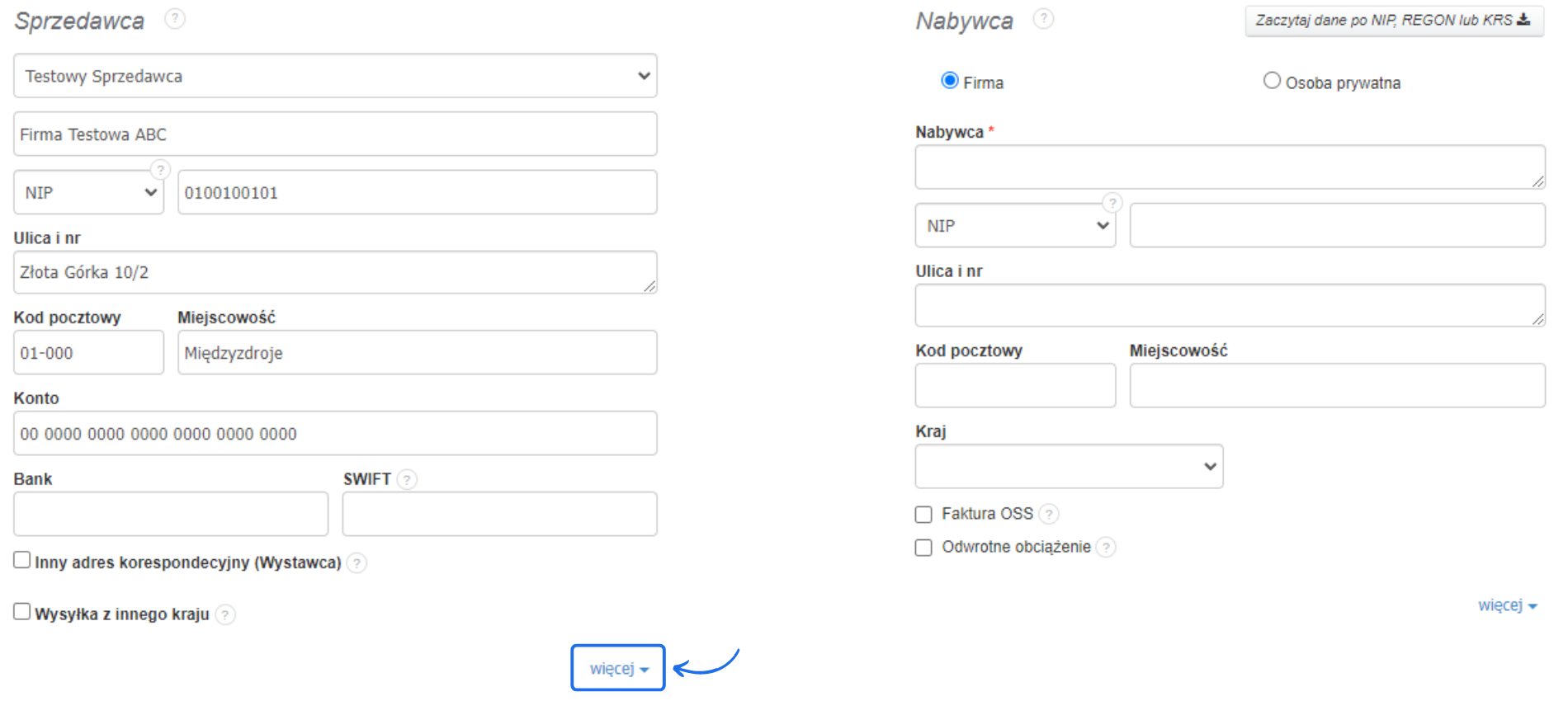 Formularz faktury z sekcjami do wprowadzenia danych sprzedawcy i nabywcy, z opcją dodania dodatkowych informacji oraz przyciskiem 'więcej'.