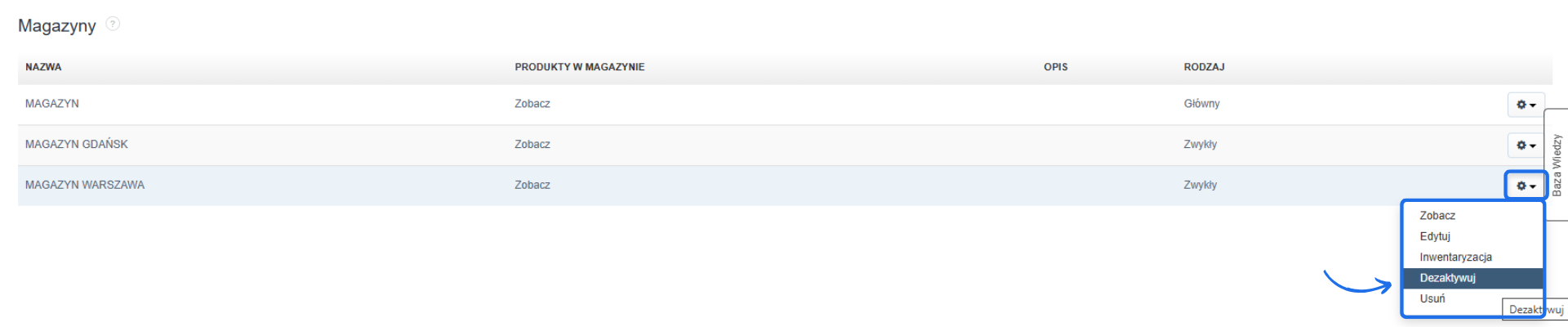 Panel zarządzania magazynami w Fakturownia – lista magazynów z opcją dezaktywacji wybranego magazynu poprzez menu ustawień.