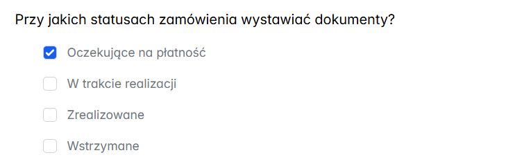 Ekran WooCommerce z wyborem statusów zamówień do wystawiania dokumentów, zaznaczona opcja 'Oczekujące na płatność'.