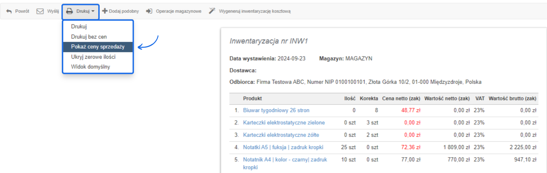Dodatkowe opcje dla dokumentu inwentaryzacji - druk w różnych cenach (zakupu/sprzedaży) lub bez wartości zerowych.