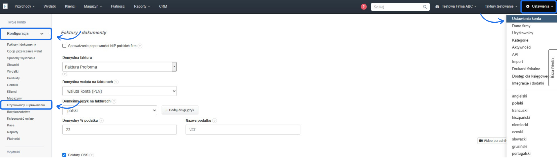 Panel ustawień konta w systemie fakturowym. W menu 'Konfiguracja' zaznaczona sekcja 'Użytkownicy i uprawnienia'.