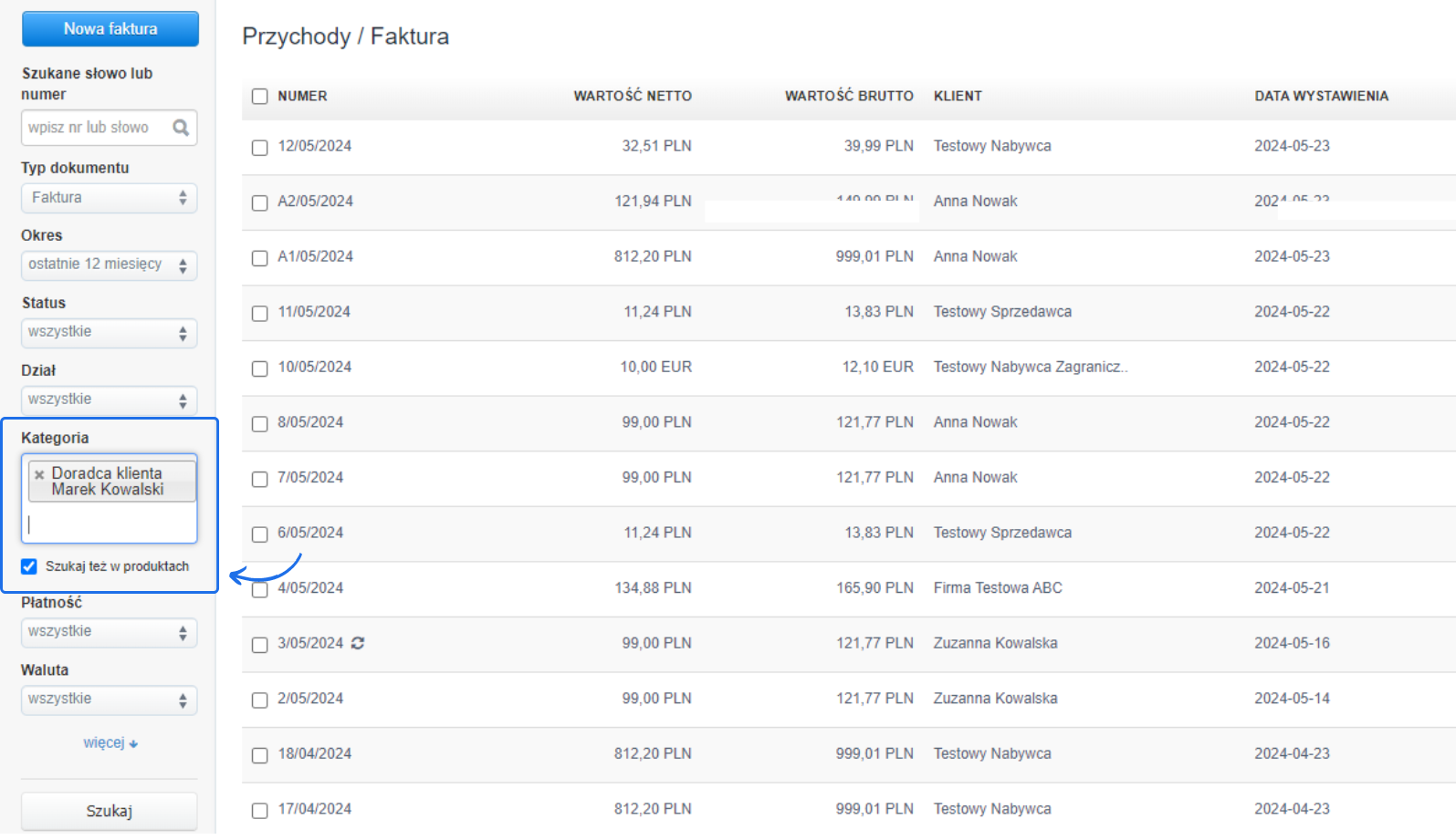 Panel zarządzania przychodami w Fakturowni z listą faktur, filtrem według wybranej kategorii oraz opcją wyszukiwania również w produktach.