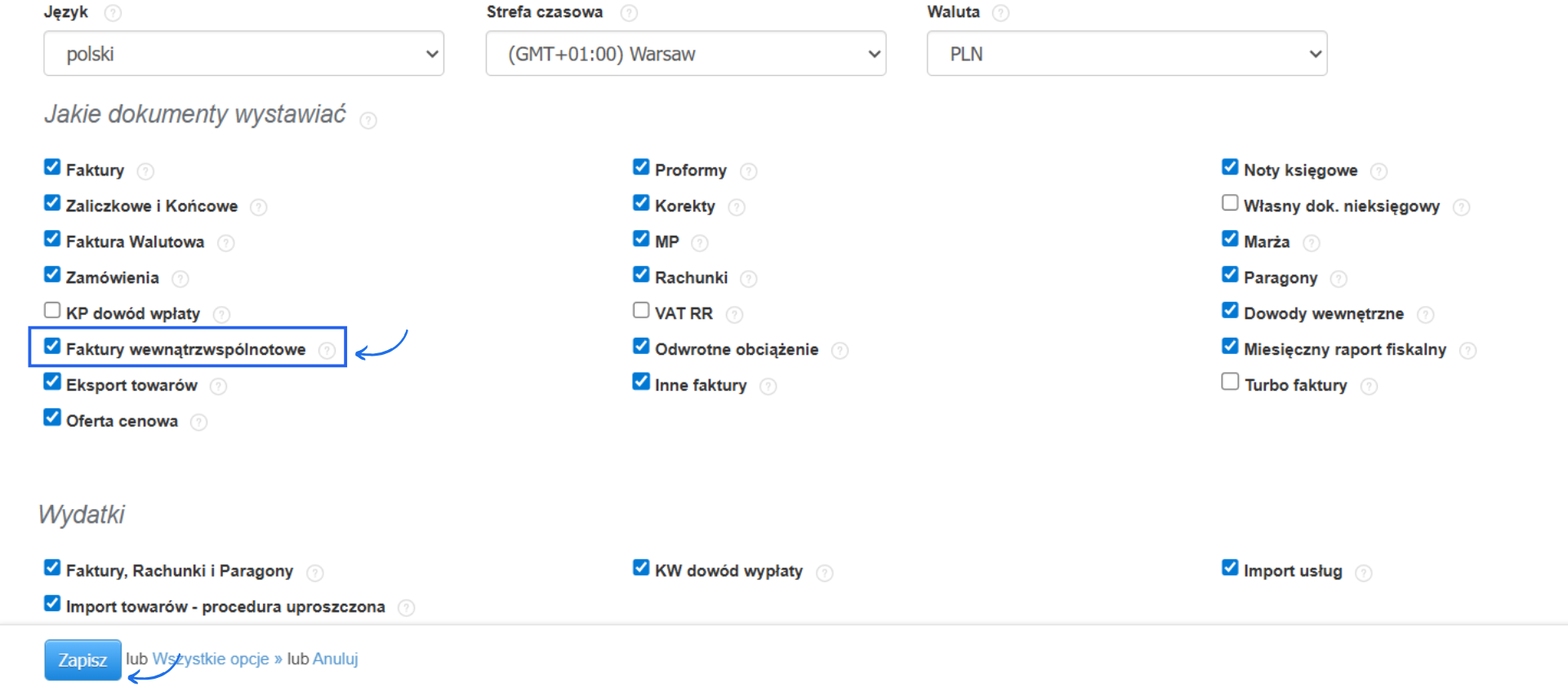 Sekcja jakie dokumenty wystawiać z aktywną opcją faktury wewnątrzwspólnotowe w ustawieniach Fakturowni.