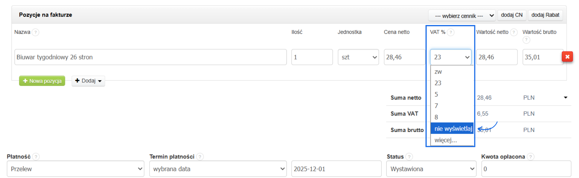 Formatka tworzenia faktury w systemie do fakturowania online z aktywną kolumną stawka podatku i wybraną opcją nie wyświetlaj w pozycjach na fakturze.