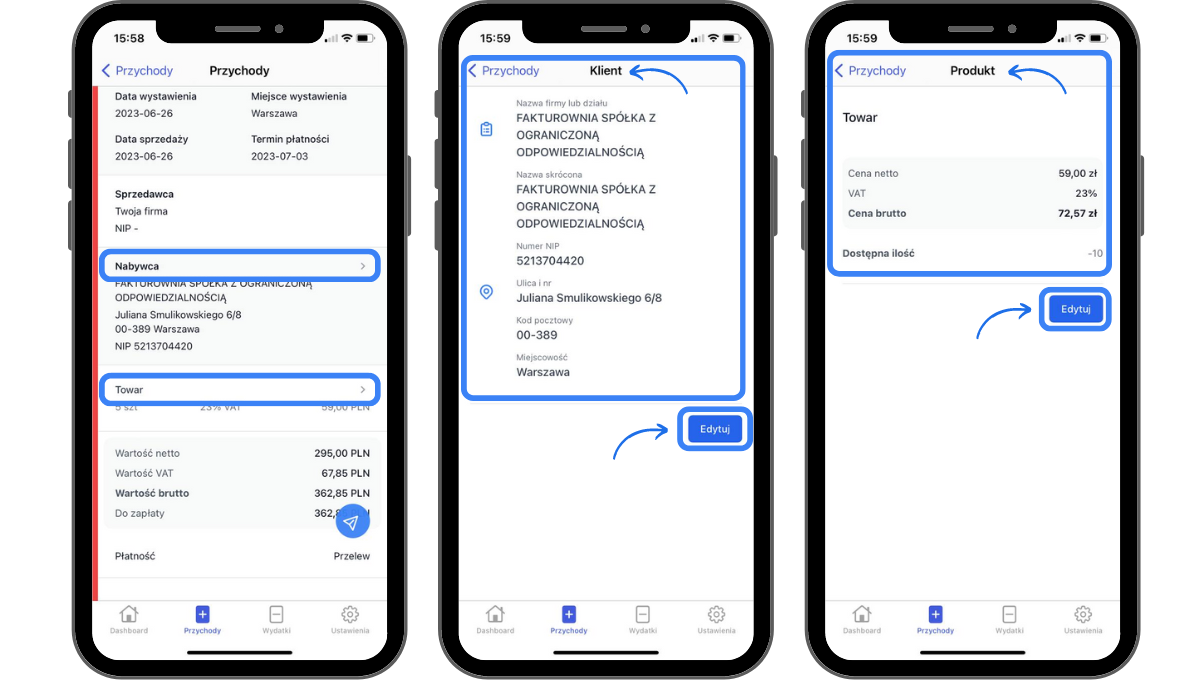 Aplikacja mobilna Fakturowni – ekran podglądu faktury z możliwością przejścia do szczegółów nabywcy i produktu oraz ich edycji.
