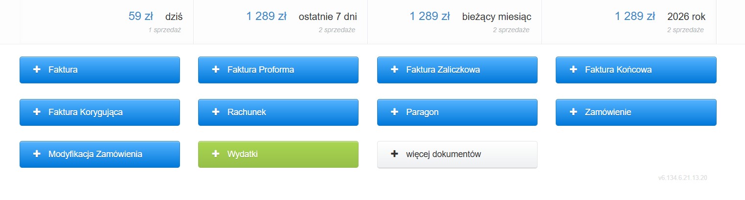 Przyciski do wystawiania rodzajów dokumentów po aktywacji dodatkowych w ustawieniach ogólnych konta.