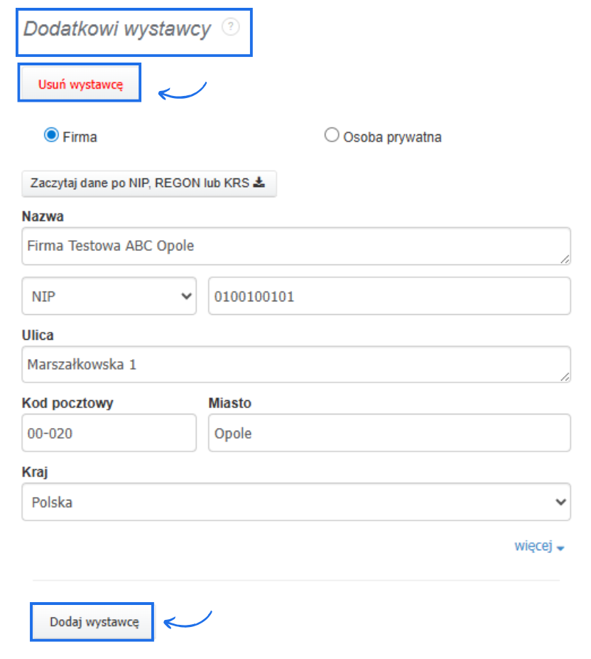 Formularz do dodawania dodatkowego wystawcy faktury z polami na dane kontaktowe oraz przyciskami 'Dodaj wystawcę' i 'Usuń wystawcę'.