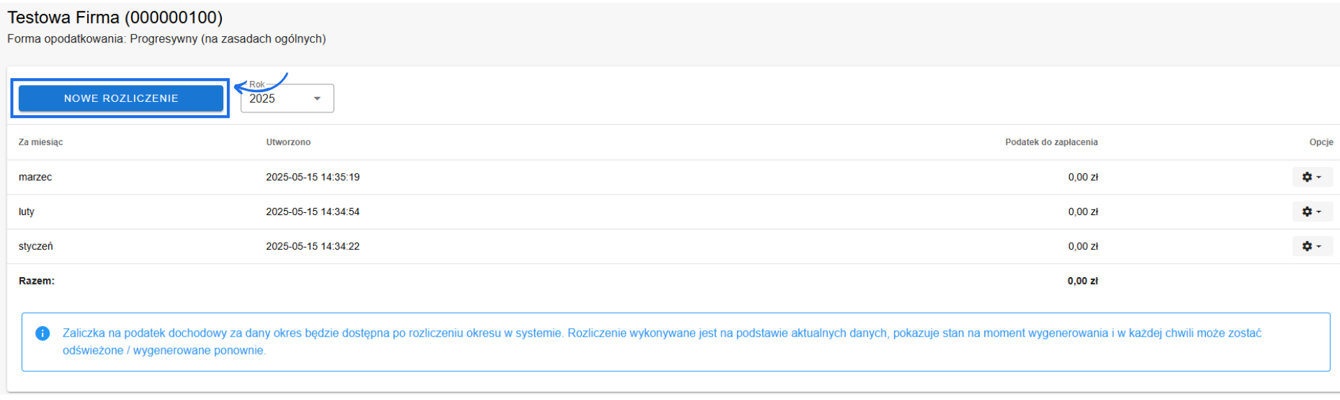Ekran rozliczenia zaliczki na podatek dochodowy PIT za 2025 rok w systemie księgowości online dla przykładowej firmy.