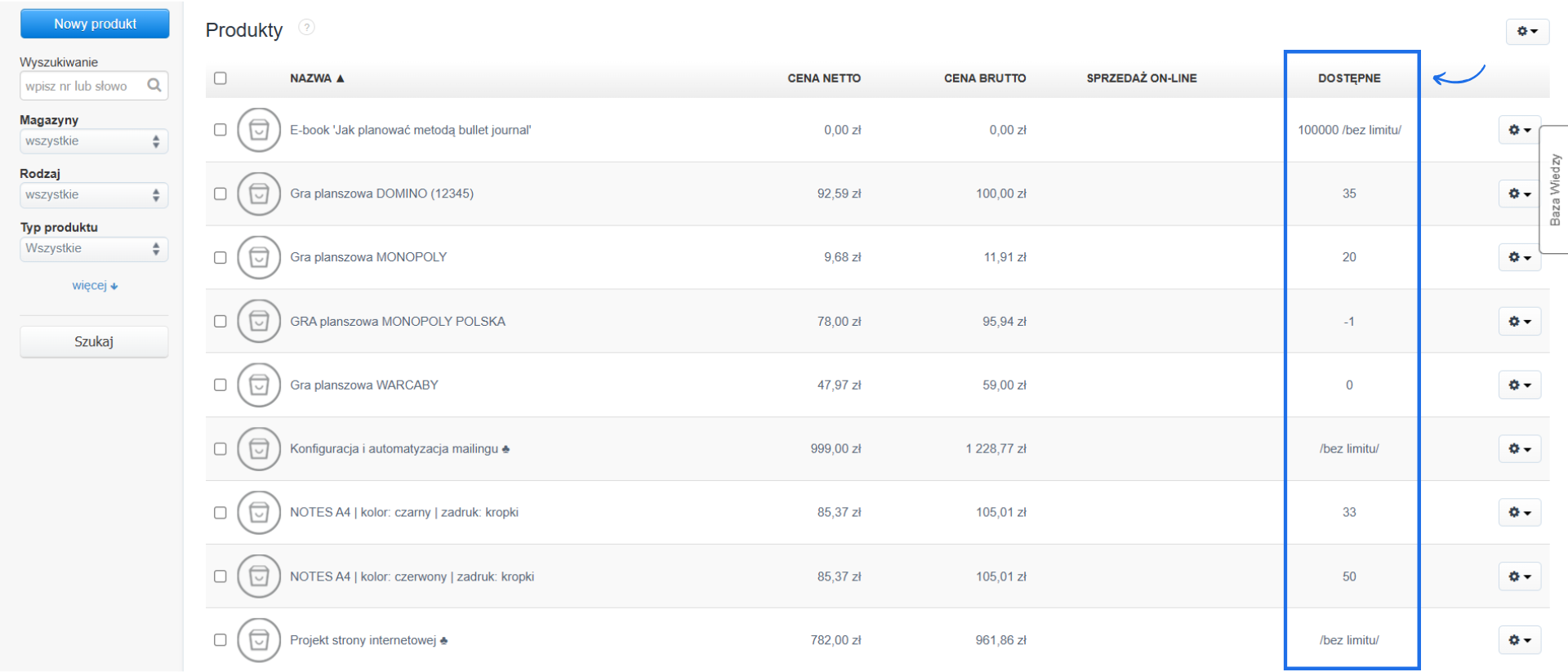Baza produktów na koncie w systemie Fakturownia z podstawowymi informacjami o produktach jak cena sprzedaży czy dostępna ilość.