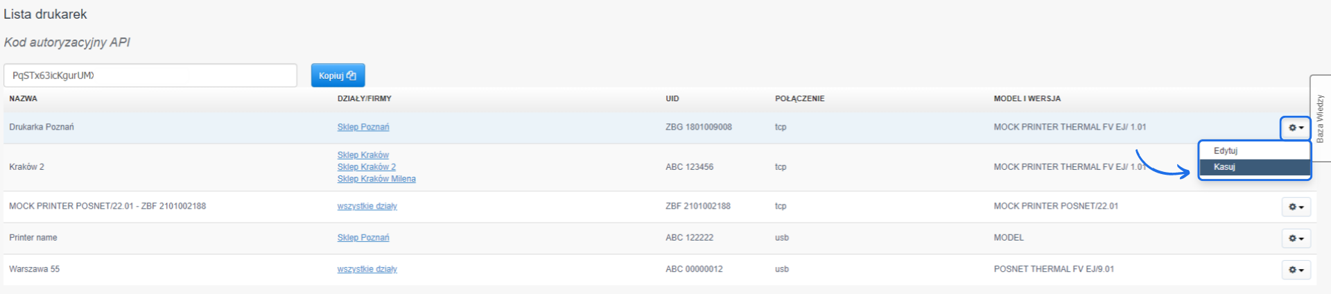 Lista drukarek w systemie Fakturownia.pl z widoczną opcją usunięcia drukarki Kraków 2.